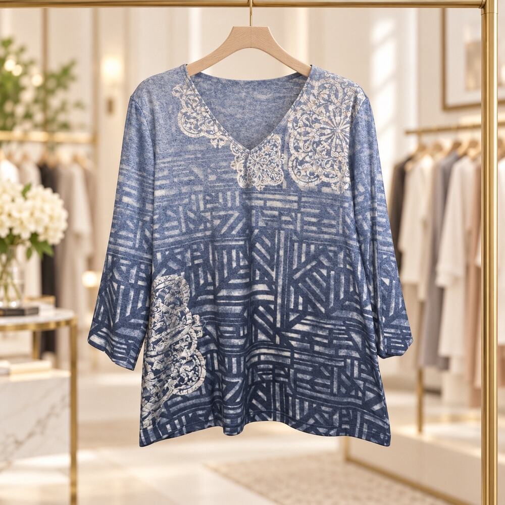 Chico’s Duet Henley Infinity 3/4 Sleeves Faux Layered Summer Pleated Casual Top